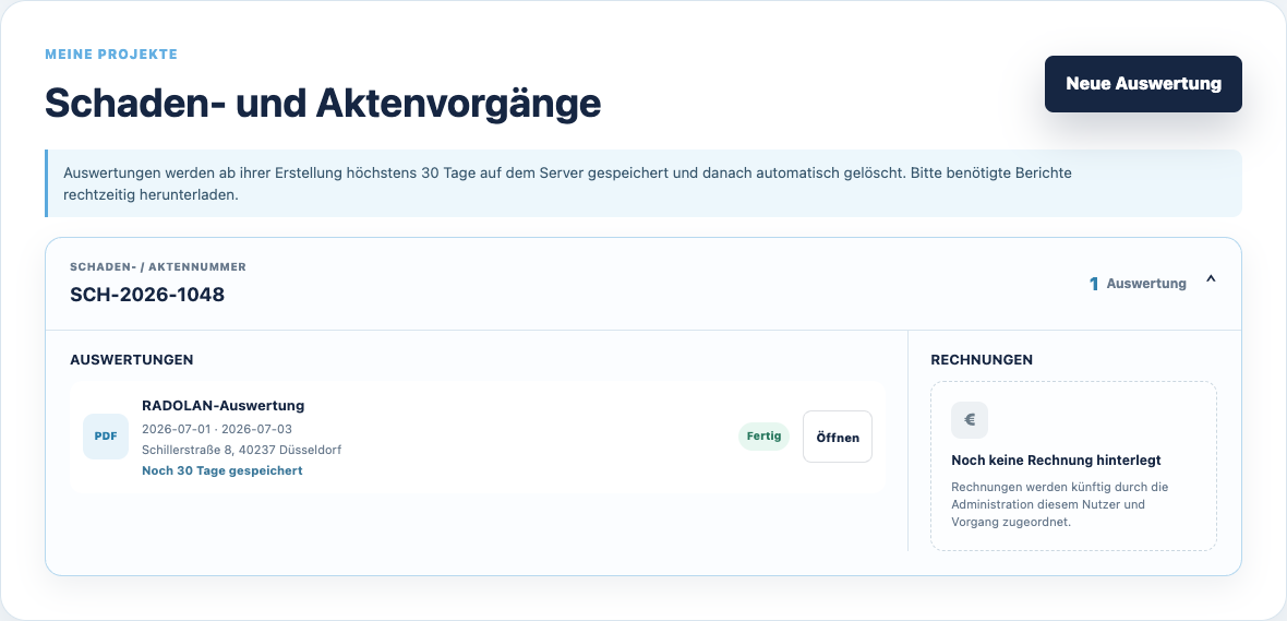 Aktuelle Meteovise Hub-Projektansicht mit Auswertung und Rechnungsbereich