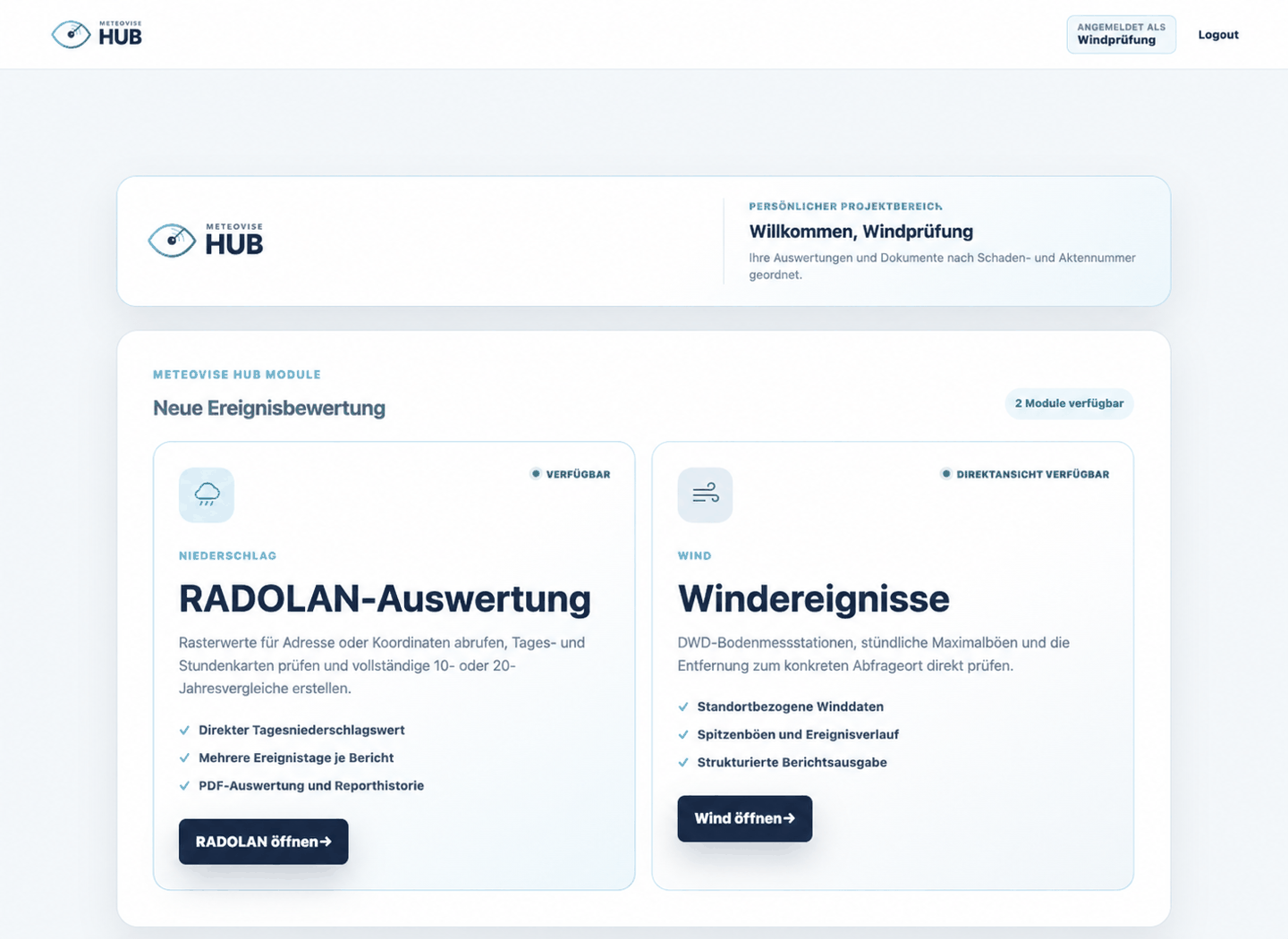 Aktuelles Meteovise Hub-Dashboard mit den Modulen für Niederschlag und Wind